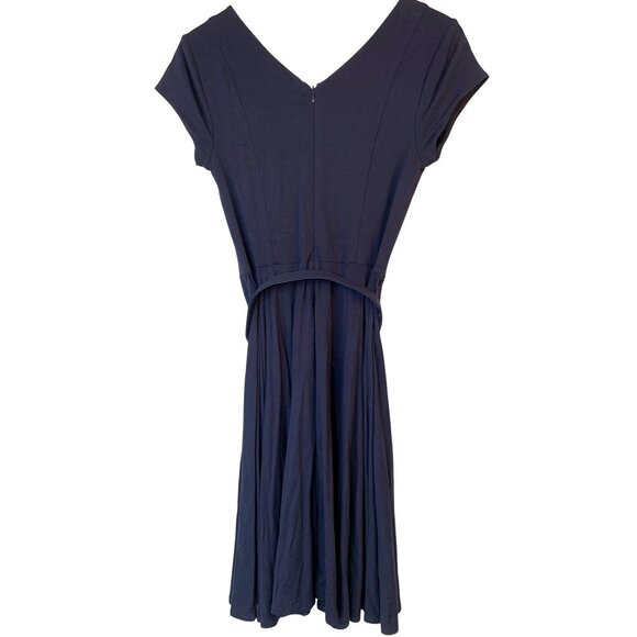Carmen Marc Valvo Navy Fit & Flare Dress S Scoop Gold cap sleeve NWT $128  10041